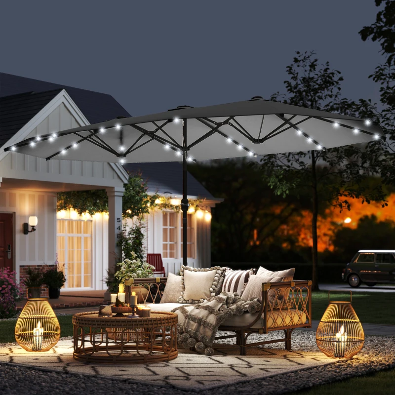 Outsunny 173" Double-Sided Sun Umbrella Garden Parasol Patio Sun Shade Outdoor with LED Solar Light, No Base Included, Dark Gre