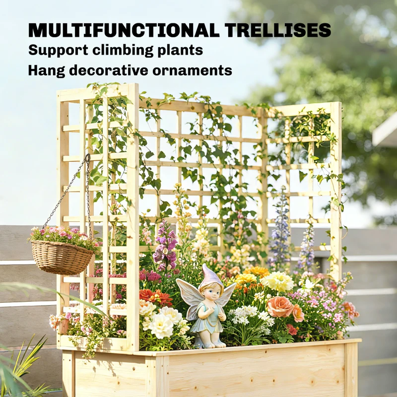 Outsunny Wooden Raised Garden Bed with 3 Trellises, Outdoor Raised Planter with Drainage Holes