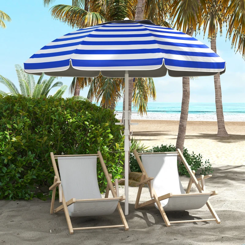 Outsunny 5.7' Beach Umbrella for Travel with Tilt, Adjustable Height, 2 Cup Holders, Hook, Vent, Ruffles, Blue and White