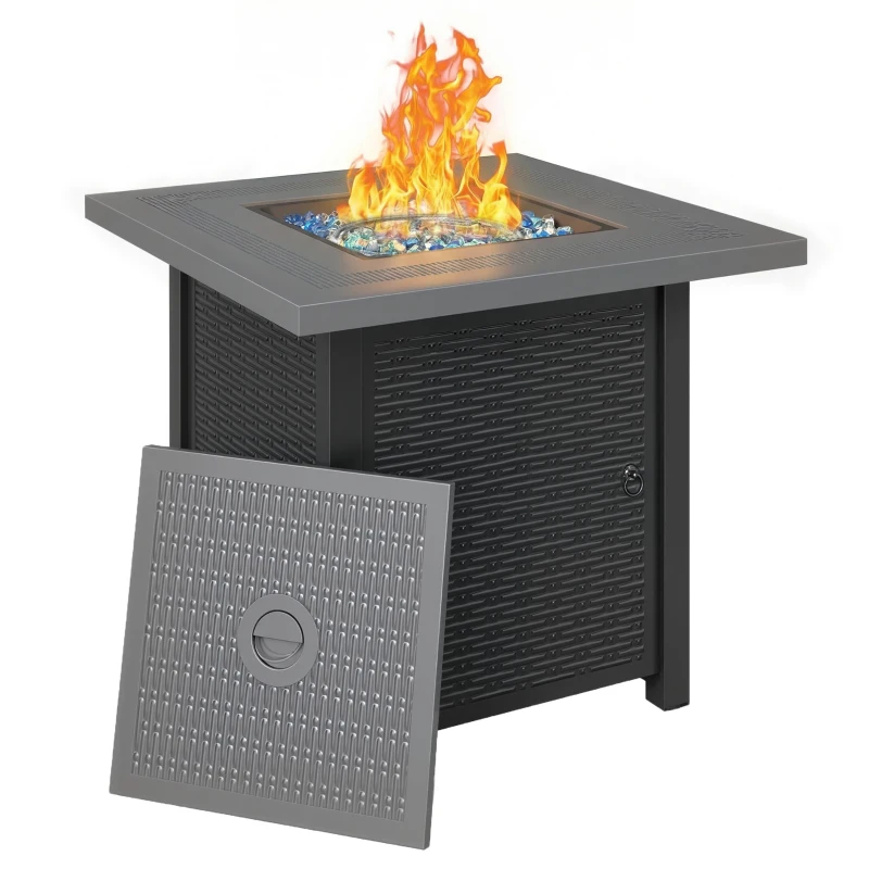 Outsunny Propane Fire Pit Table, 28" 40000 BTU Outdoor Gas Fire Table with Lava Rocks and Lid, Black