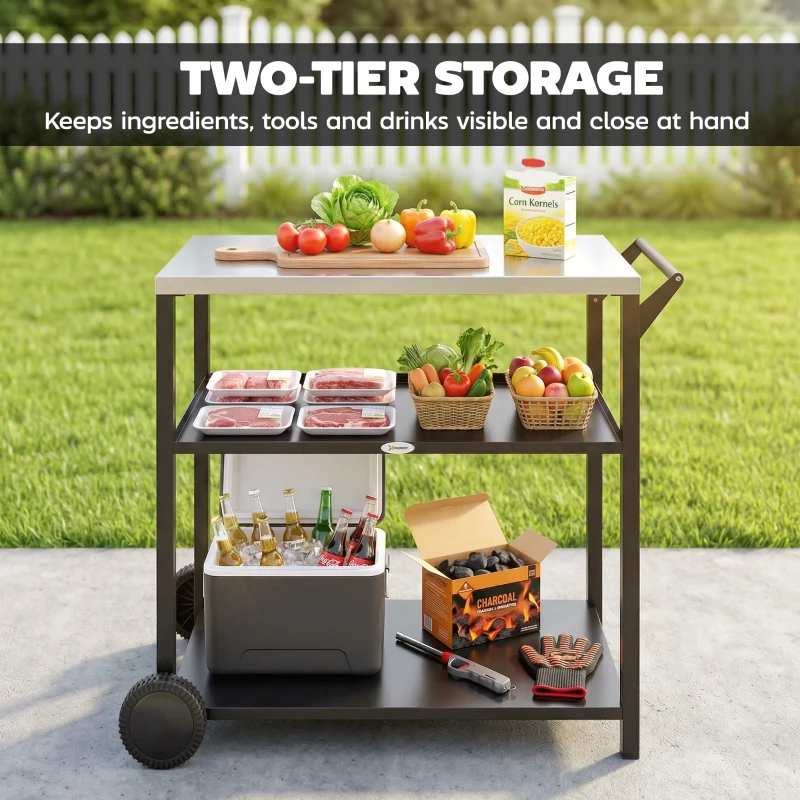 Outsunny Outdoor Grill Cart with Stainless Steel Tabletop, 3-Tier BBQ Stand, Movable Food Prep Table on Wheels, Black