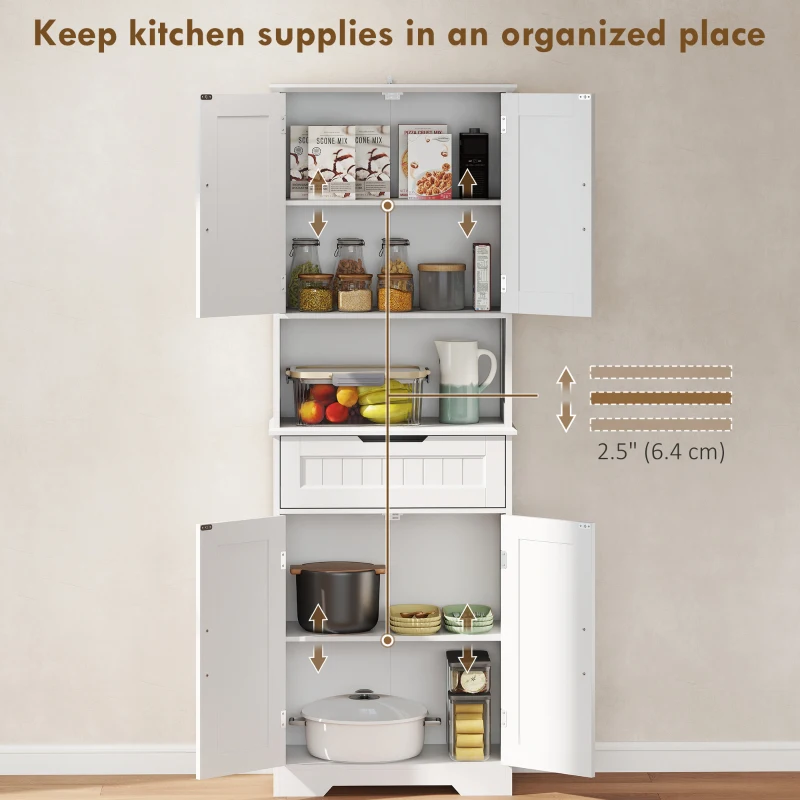 HOMCOM Kitchen Buffet with Hutch, 68" Tall Kitchen Pantry Cabinet with Small Open Counter, 4 Doors, Drawer, White