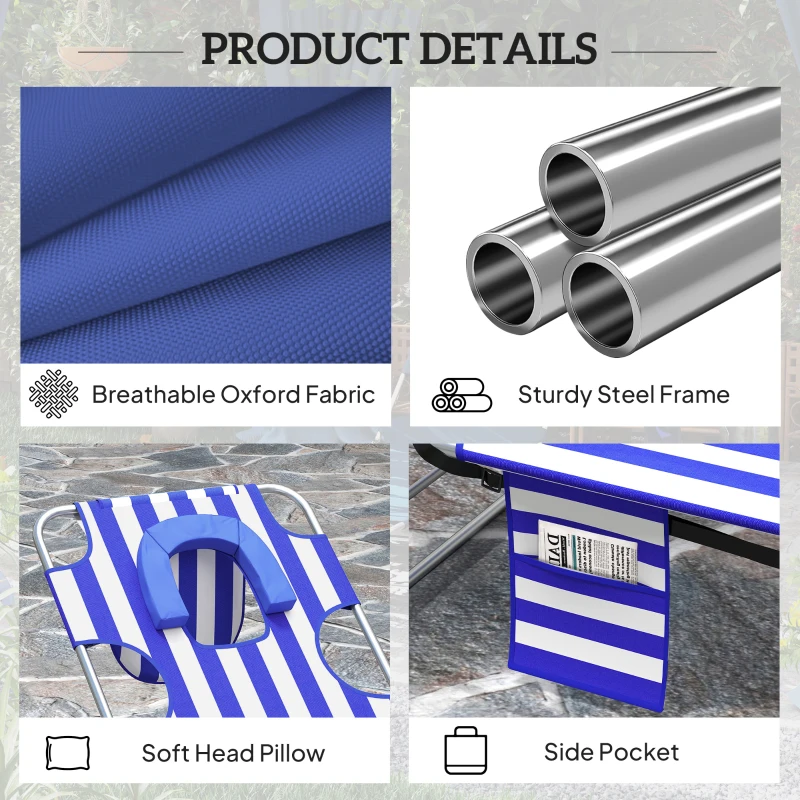 Outsunny 2 Tanning Chairs with Face Hole, 5-Level Adjustable Outdoor Chaise Lounge Chair with Pillow for Beach, Pool, Blue Stripe