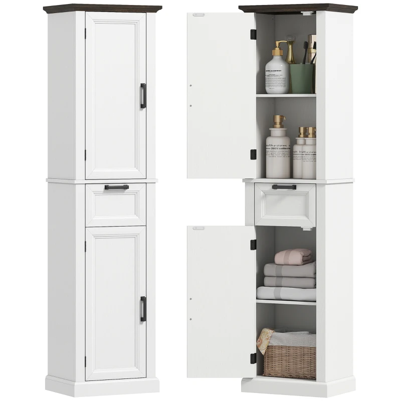 HOMCOM 65" Tall Bathroom Storage Cabinet, Freestanding Farmhouse Slim Bathroom Cabinet with 2 Doors, Shelves and Drawer, White
