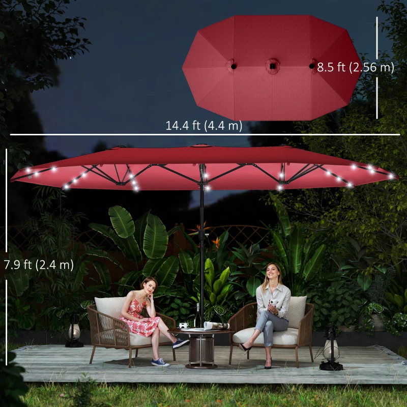 Outsunny 173.2" Double-Sided Sun Umbrella Garden Parasol Patio Sun Shade Outdoor with LED Solar Light, No Base Included, Wine Red