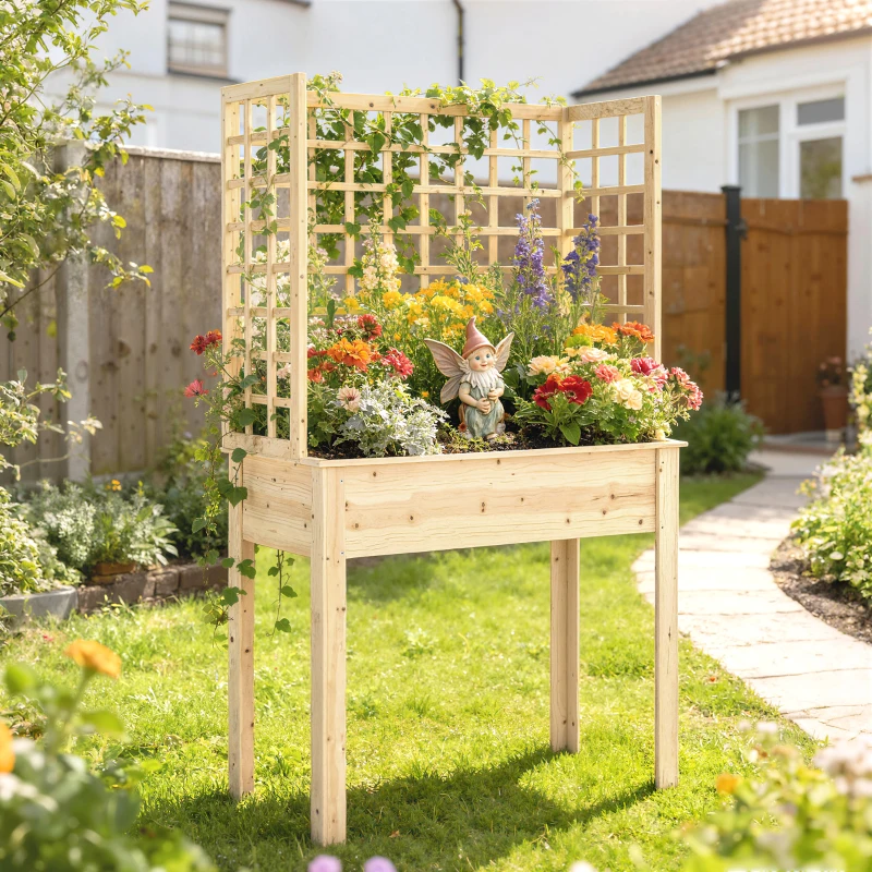Outsunny Wooden Raised Garden Bed with 3 Trellises, Outdoor Raised Planter with Drainage Holes