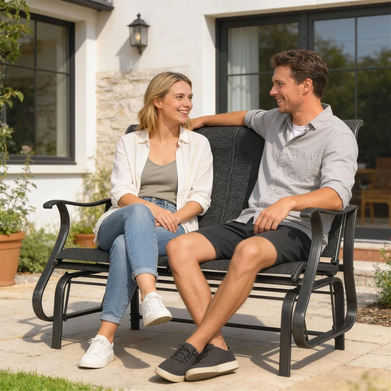 Outsunny Garden Double Gliding Chair, Patio Glider Armchair for Outdoor, Backyard Mesh Seat and Backrest, Steel Frame Black