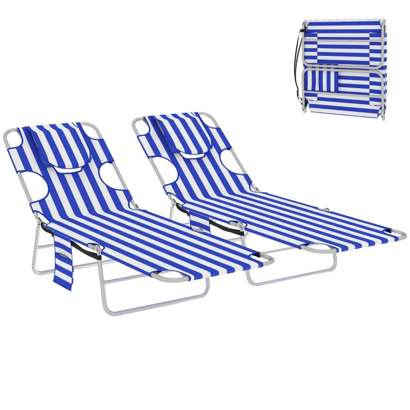 Outsunny 2 Tanning Chairs with Face Hole, 5-Level Adjustable Outdoor Chaise Lounge Chair with Pillow for Beach, Pool, Blue Stripe