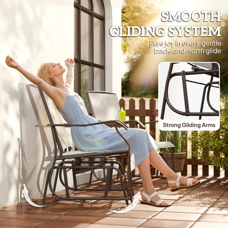 Outsunny Double Patio Glider Chair with Glass Top Center Table, Outdoor Glider Loveseat with High Back,  All Weather Breathable Mesh Fabric for Garden, Backyard, Deck, Light Brown