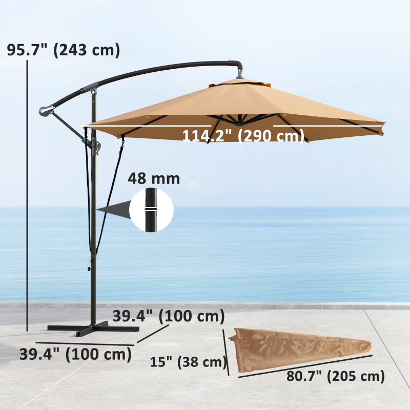 Outsunny 9.5' Cantilever Umbrella with Wind Protection Strap and Cover, Hanging Umbrella with Crank and Cross Base, Khaki