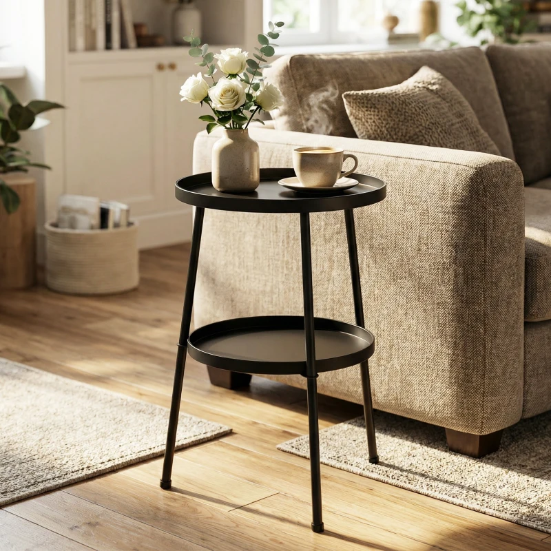 Outsunny Metal Patio Side Table, 2-Tier Round End Table, for Living Room, Bedroom, Garden, Balcony, Black