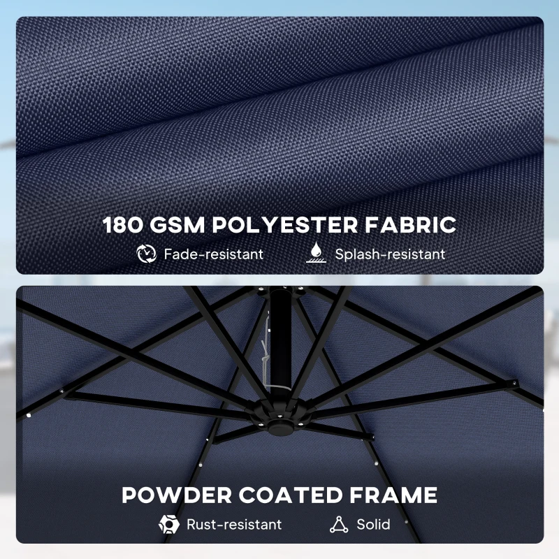 Outsunny 9.7ft Solar LED Cantilever Patio Umbrella with 32 LED Lights, Cross Base, Crank Handle, for Poolside, Deck, Dark Blue