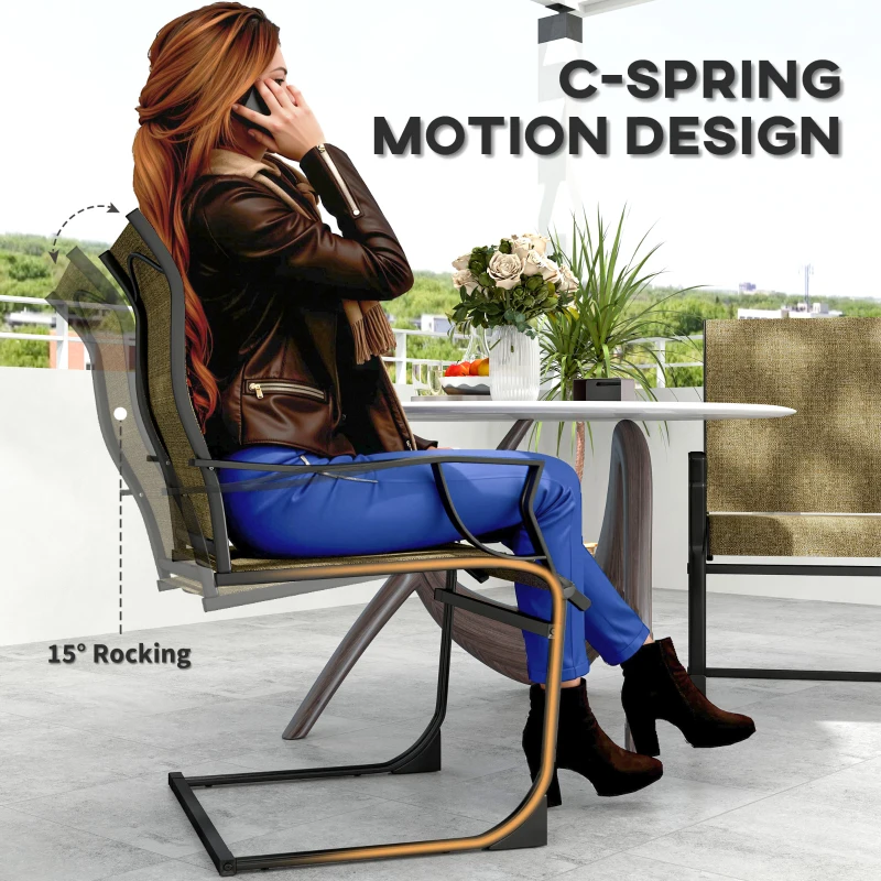 Outsunny C Spring Motion Patio Chairs Set of 2 with Curved High Backrest, Armrest, All Weather Breathable Fabric, Metal Frame