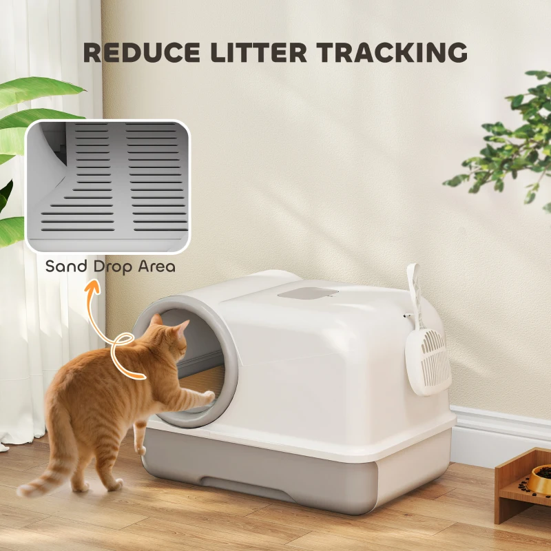 PawHut Cat Litter Box Easy Clean Drawer Odor Control Hooded Cat Litter Tray with Scoop White and Grey