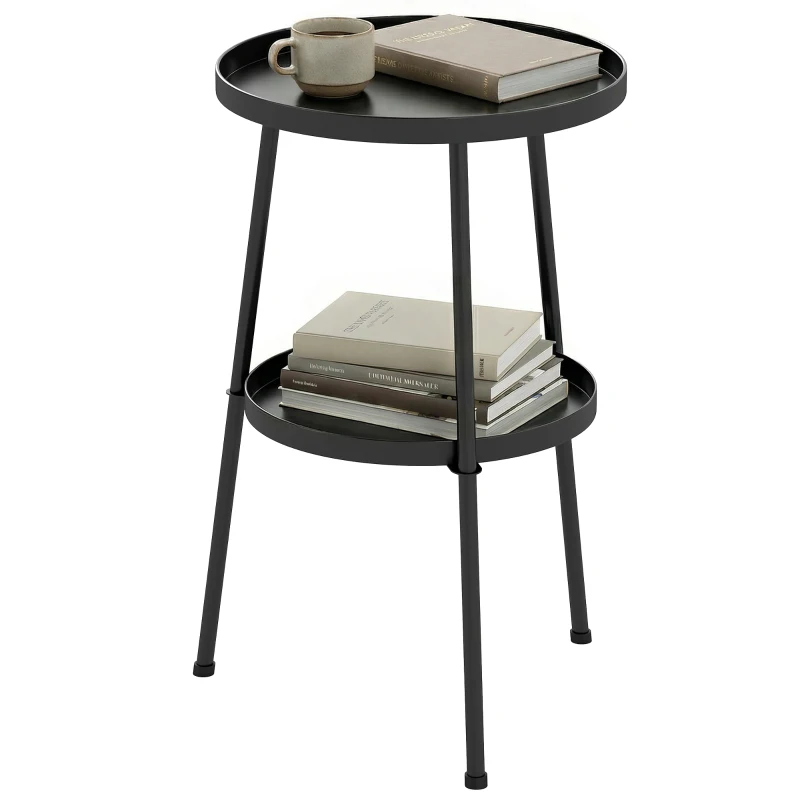 Outsunny Metal Patio Side Table, 2-Tier Round End Table, for Living Room, Bedroom, Garden, Balcony, Black