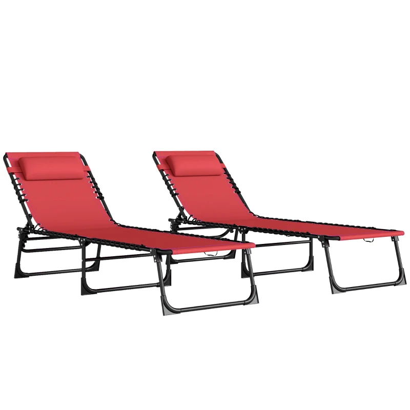 Outsunny 2 PCs Folding Lounge Chairs, Adjustable Chaise Lounge with Headrest, Reclining Lounger Cot for Camping, Hiking, Wine Red