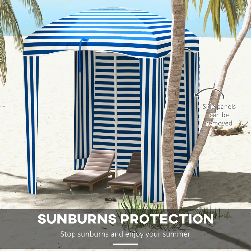 Outsunny 70.1" L x 70.1" W Cabana Umbrella with Walls, Vents, Ruffles, Carry Bag, Beach Umbrella, Blue White Stripe