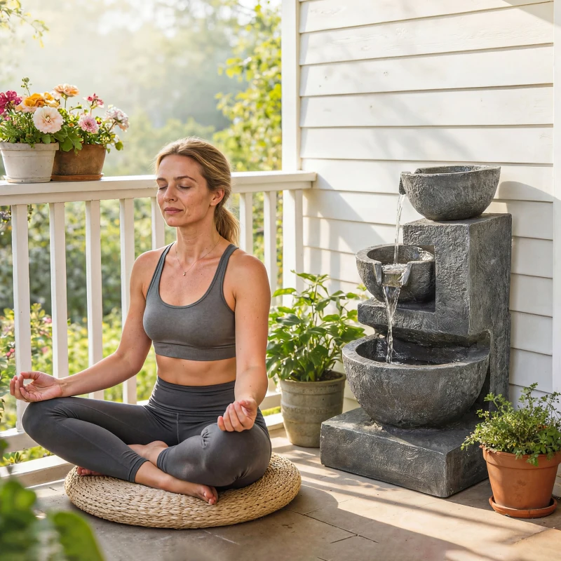 Outsunny 3-Tier Outdoor Water Fountain, Garden Waterfall Fountain with LED Lights and Pump, Indoor Freestanding Resin Waterfall