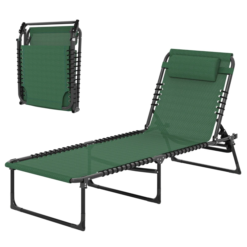 Outsunny Folding Lounge Chair, Adjustable Chaise Lounge with Headrest, Reclining Lounger Cot for Camping, Hiking, Green