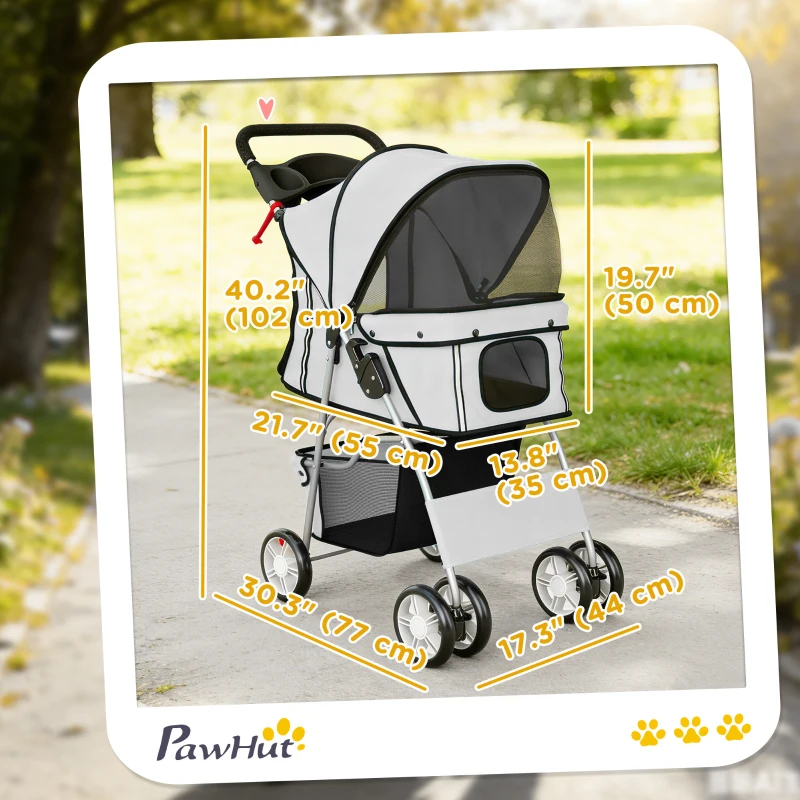 PawHut Pet Stroller for Dogs & Cats, Foldable Dog Stroller with Wheels, Reflective Strips, Brake, Pad and Basket, Grey