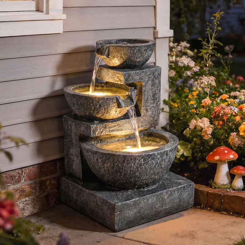 Outsunny 3-Tier Outdoor Water Fountain, Garden Waterfall Fountain with LED Lights and Pump, Indoor Freestanding Resin Waterfall
