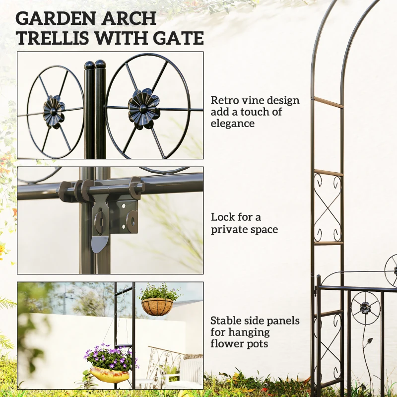 Outsunny 7.4 ft Garden Arch, Outdoor Trellis Arbor with Gate for Climbing Plants, Wedding Arch, Black