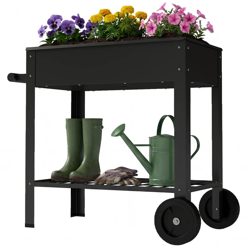 Outsunny Metal Raised Garden Bed, Elevated Planter Box with 2 Wheels, Handle and Shelf, 31.5" Tall Raised Planter