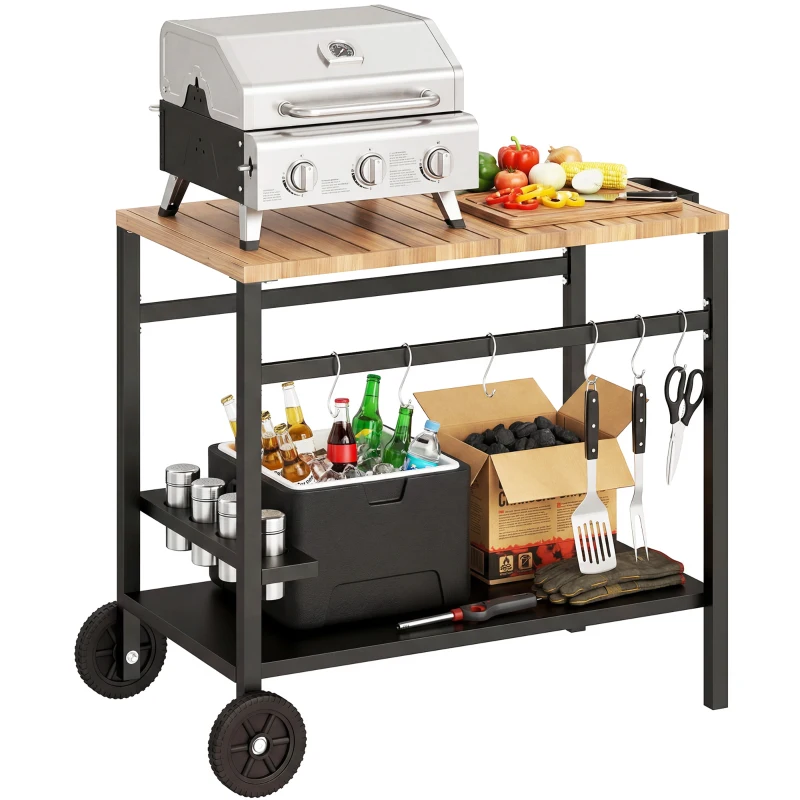 Outsunny Outdoor Grill Cart, 2-Tier Pizza Oven Stand, BBQ Stand with Beverage Holder, Hooks, Wheels, Black and Brown