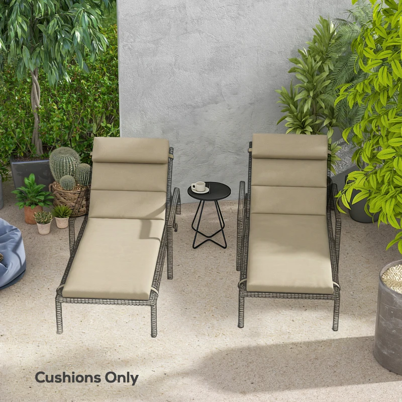 Outsunny Patio Chaise Lounge Chair Cushions Replacement Sun Lounger Pads with Headrest and Ties, Set of 2, Beige