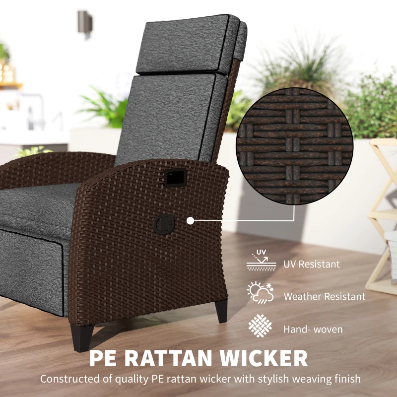 Outsunny Outdoor Recliner Chair with Adjustable Backrest, Cushion, Side Tray, Dark Grey