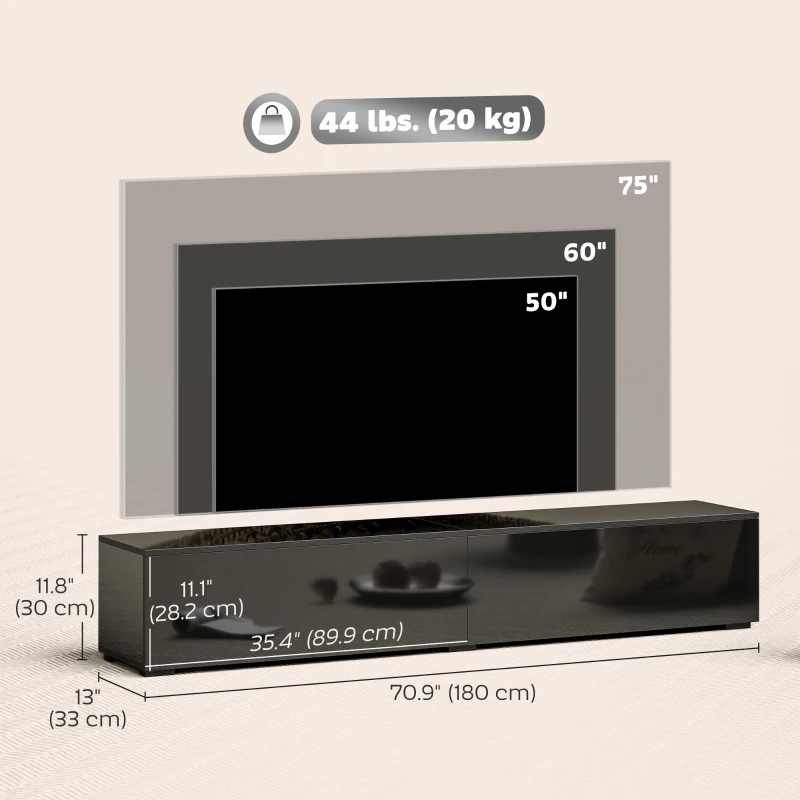 HOMCOM Floating TV Stand for TVs up to 75 Inch, 70.9" TV Cabinet, Entertainment Center with 2 Flip Doors, High Gloss Black