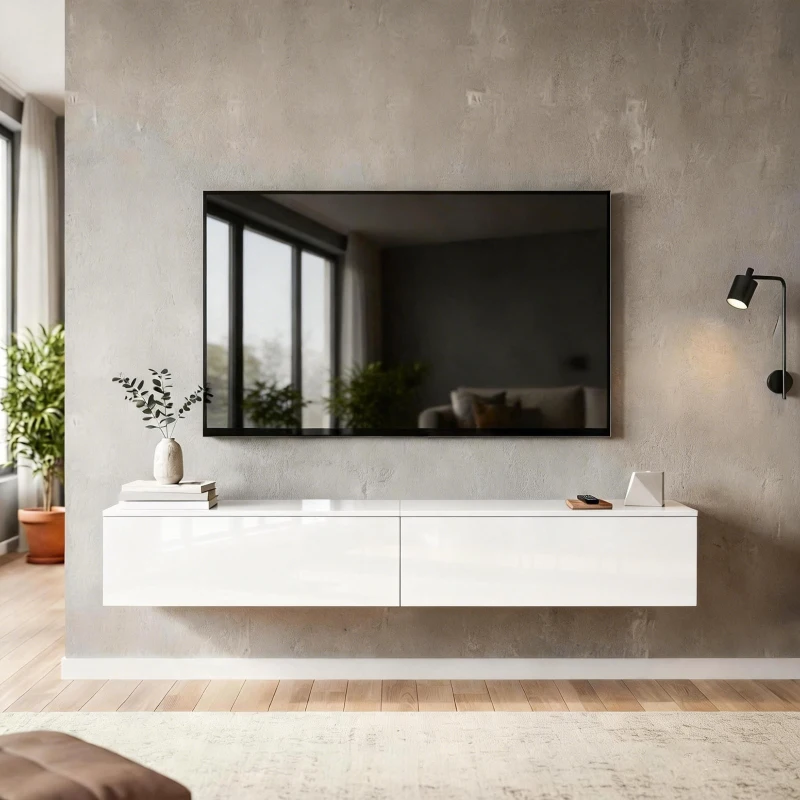 HOMCOM Floating TV Stand for TVs up to 75 Inch, 70.9" TV Cabinet, Entertainment Center with 2 Flip Doors, High Gloss White