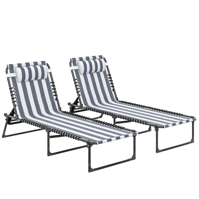 Outsunny 2 Folding Chaise Lounge Pool Chairs with 4-Position Reclining Back, Pillow, Breathable Mesh & Bungee Seat, Blue White