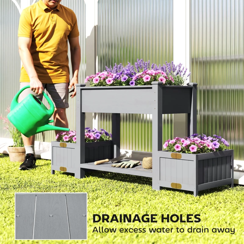 Outsunny Wooden Raised Garden Bed with 2 Foldable Side Pots, Raised Planter with Storage Shelf and Drainage Holes