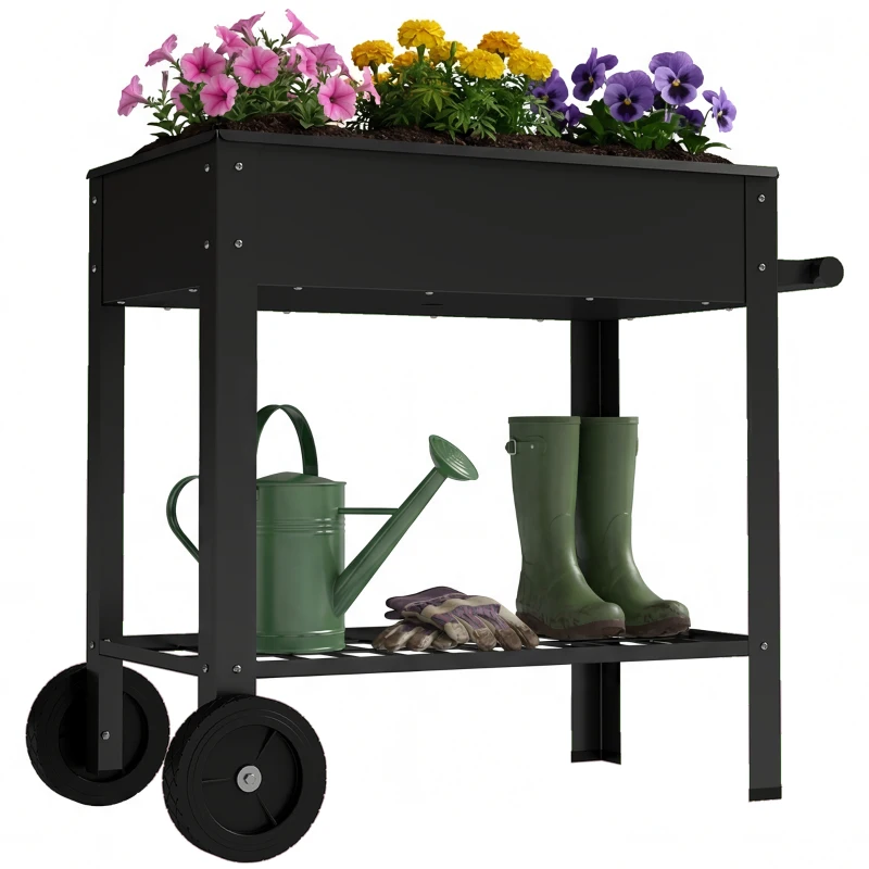 Outsunny Metal Raised Garden Bed, Elevated Planter Box with 2 Wheels, Handle and Shelf, 31.5" Tall Raised Planter