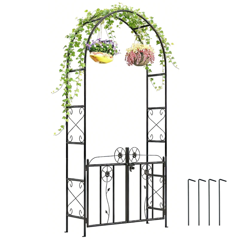Outsunny 7.4 ft Garden Arch, Outdoor Trellis Arbor with Gate for Climbing Plants, Wedding Arch, Black