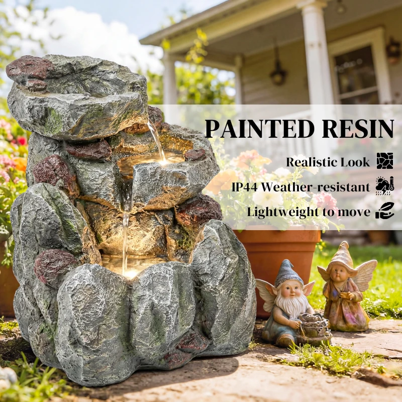 Outsunny Outdoor Fountain with LED Lights Adjustable Flow Cascading Waterfall 3-Tier Rustic Rock Look Grey