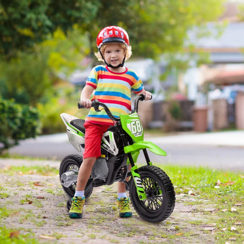 Qaba 12V Kids Dirt Bike, Electric Motorcycle with Twist Grip Throttle, Training Wheels, Rear Suspension & Music, Green
