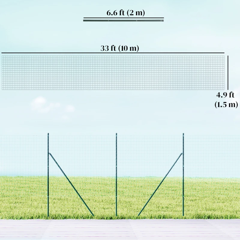 Outsunny Garden Fence Barrier, Welded Fence Roll, Includes Posts & Support Braces, Green Plastic-Coated Steel