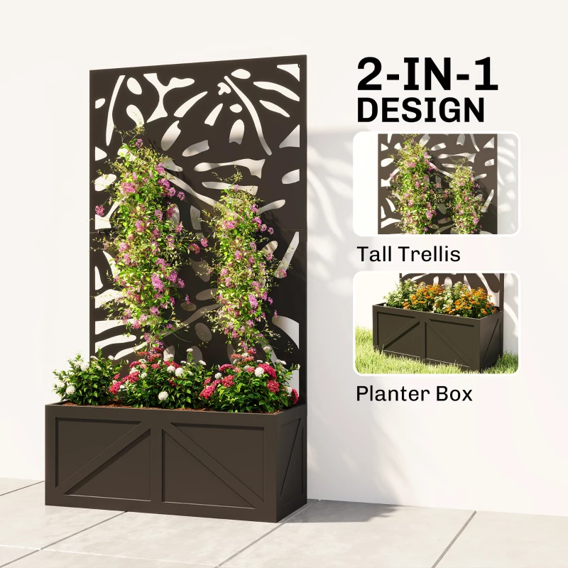 Outsunny Metal Raised Garden Bed with Trellis for Climbing Plants, Freestanding or Wall Mounted Flower Bed with Privacy Panel