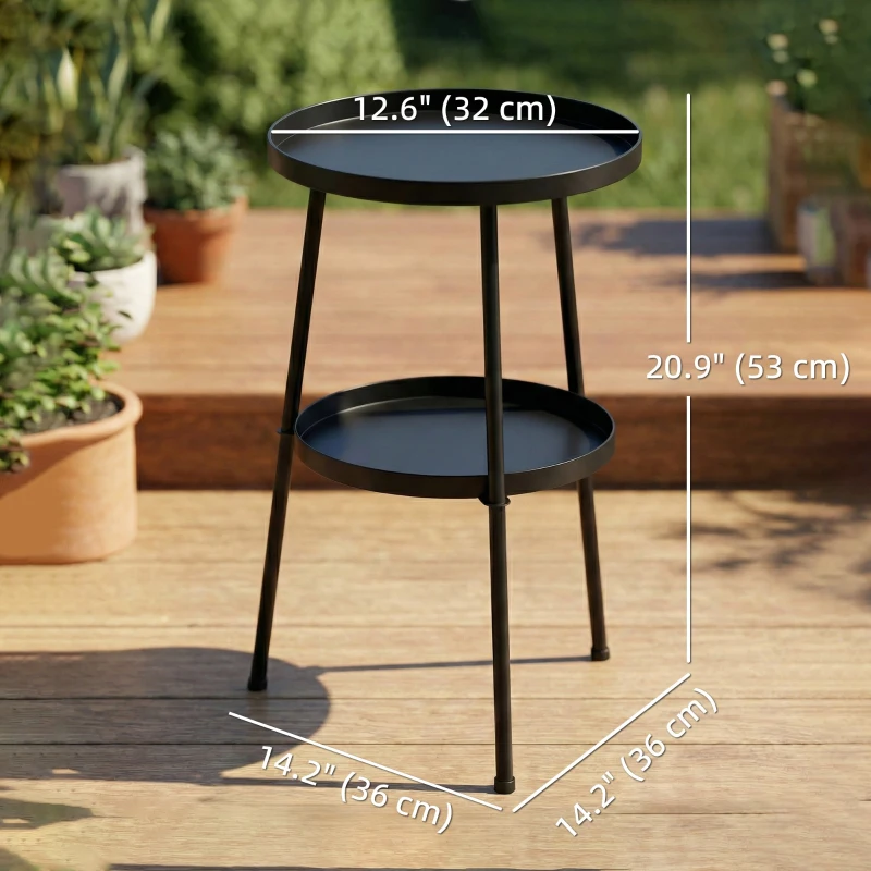 Outsunny Metal Patio Side Table, 2-Tier Round End Table, for Living Room, Bedroom, Garden, Balcony, Black