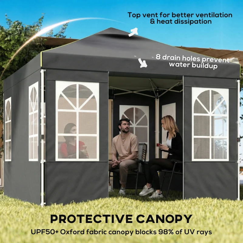 Outsunny 9.6 x 9.6 ft Pop Up Canopy Tent with 4 Sidewalls, UPF 50+ 1-Button Push Easy Setup Outdoor Instant Canopy, Dark Grey