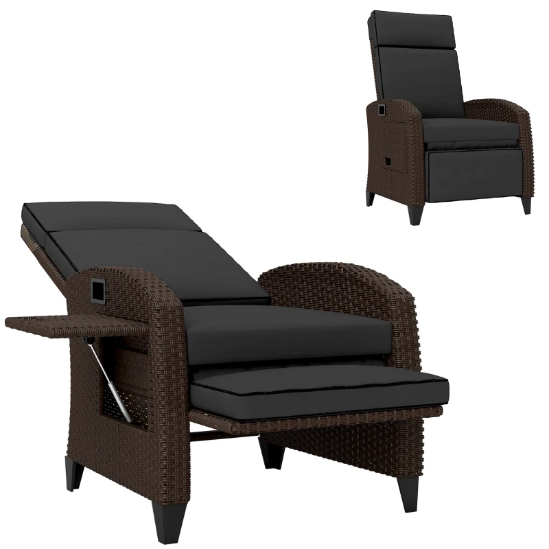 Outsunny Outdoor Recliner Chair with Adjustable Backrest, Cushion, Side Tray, Black