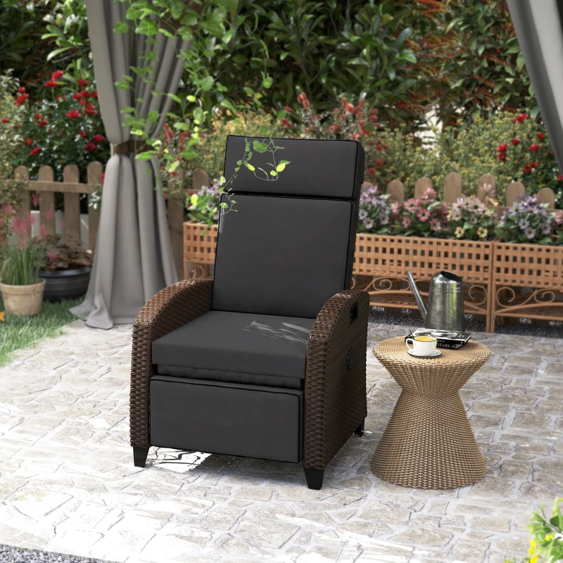 Outsunny Outdoor Recliner Chair with Adjustable Backrest, Cushion, Side Tray, Black