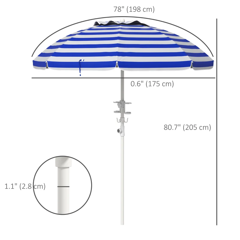 Outsunny 5.7' Beach Umbrella for Travel with Tilt, Adjustable Height, 2 Cup Holders, Hook, Vent, Ruffles, Blue and White