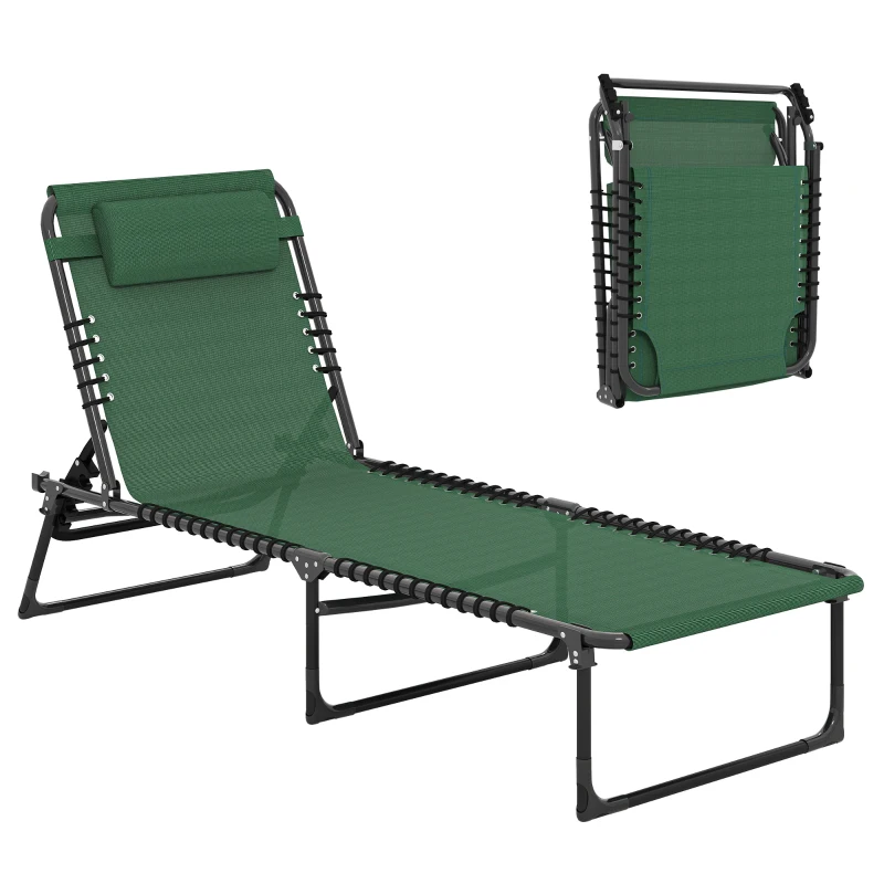 Outsunny Folding Lounge Chair, Adjustable Chaise Lounge with Headrest, Reclining Lounger Cot for Camping, Hiking, Green