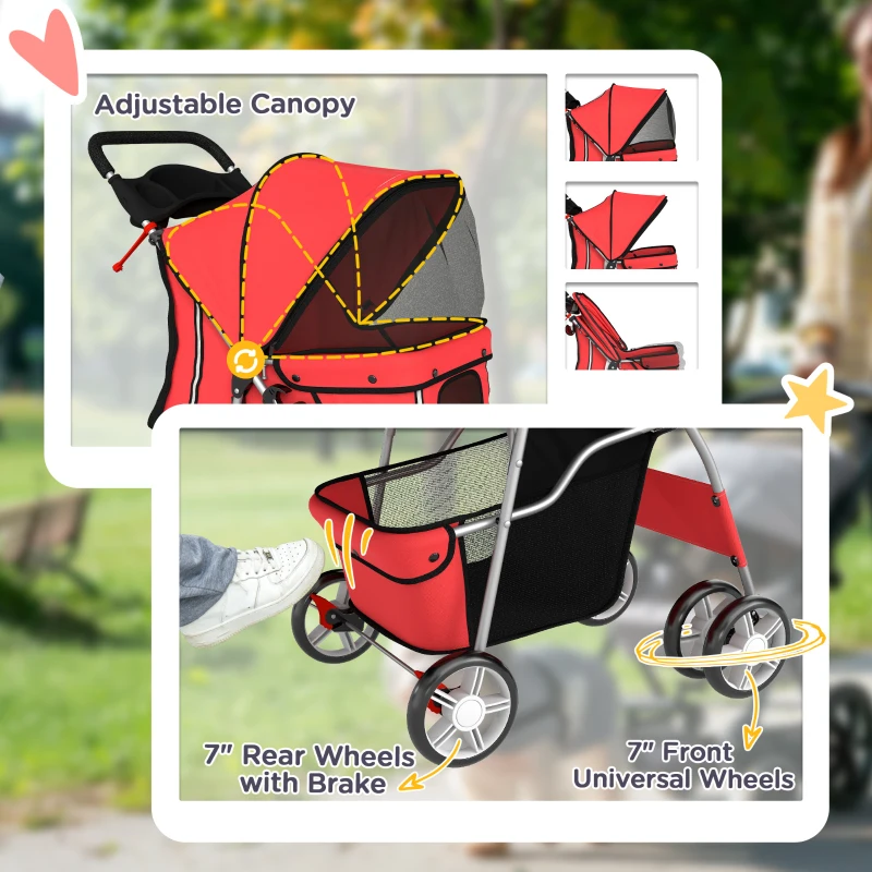 PawHut Pet Stroller with Reflective Strips, Foldable Cat Stroller with 360° Swivel Wheels for Small Dogs and Cats, Red