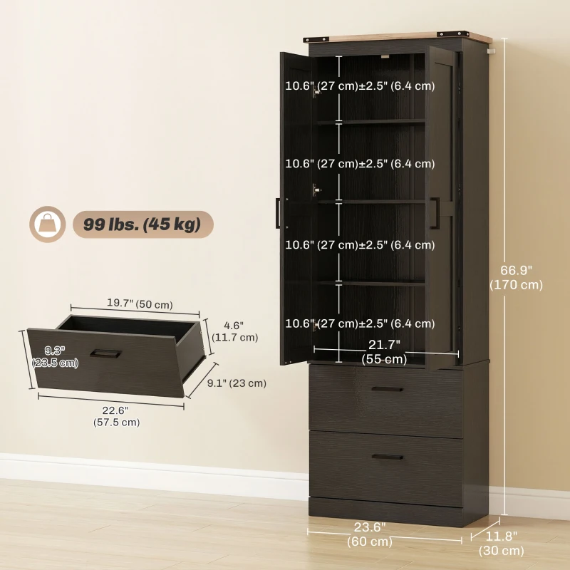 HOMCOM 67" Tall Kitchen Pantry Storage Cabinet, Kitchen Pantry Cabinet with Doors, Drawers and Adjustable Shelves, Black