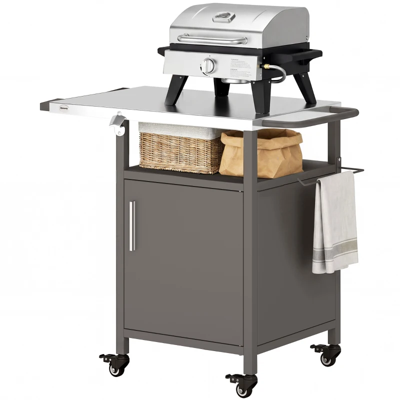 Outsunny Outdoor Grill Cart with Steel top, Pizza Oven Stand with Cabinet, Spice Rack, Towel Holder, Bottle Opener, Brown