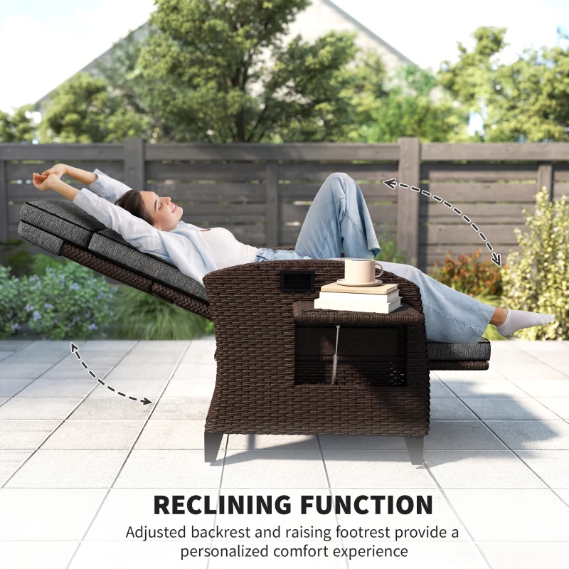 Outsunny Outdoor Recliner Chair with Adjustable Backrest, Cushion, Side Tray, Dark Grey